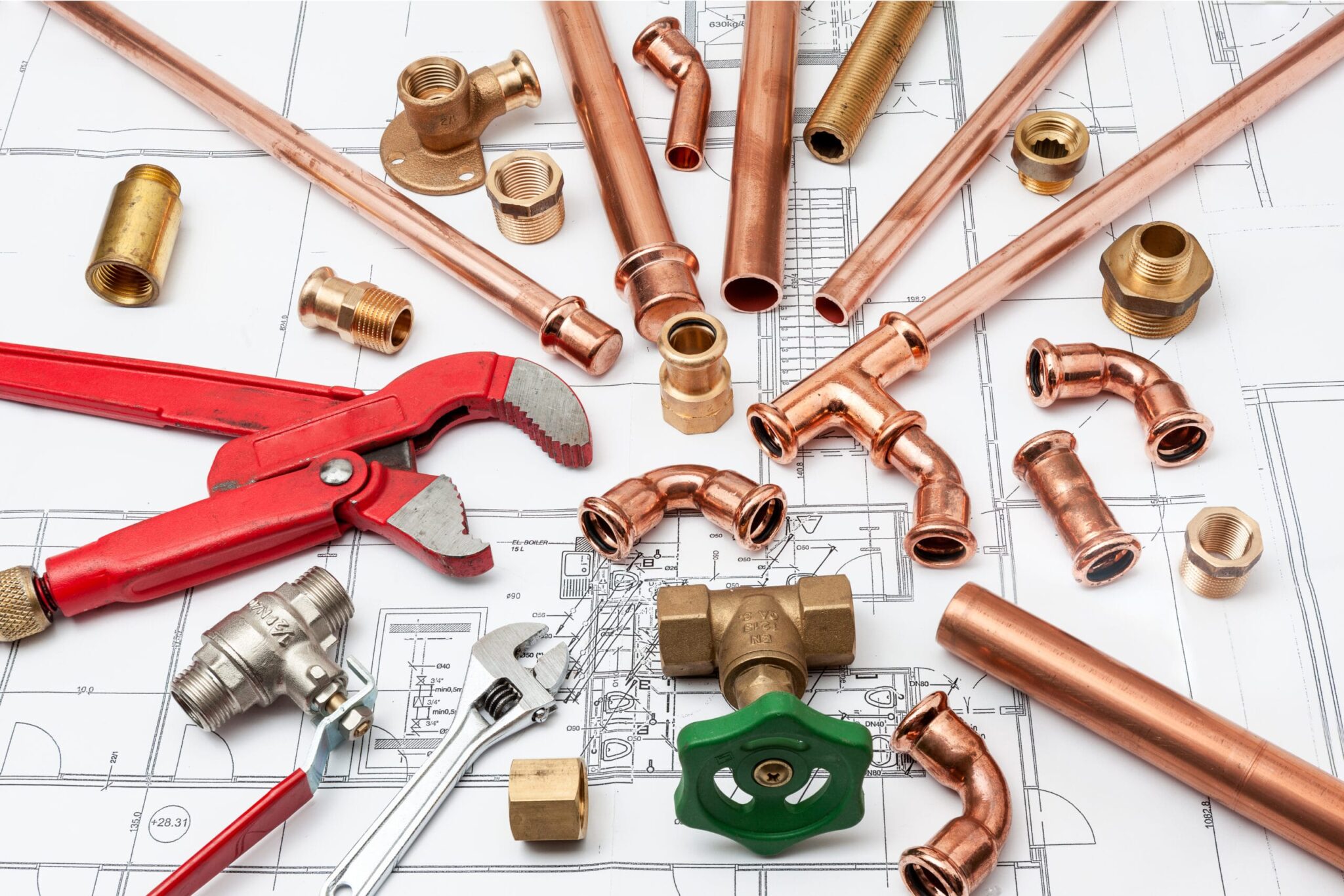 Copper pipes, fittings, valves, and plumbing tools in Greenacres