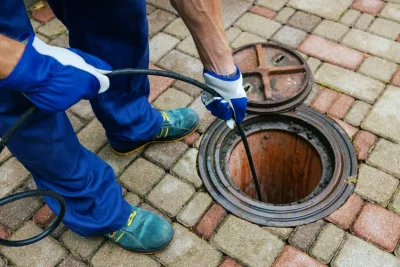 Plumber cleaning an outdoor sewer drain in Greenacres