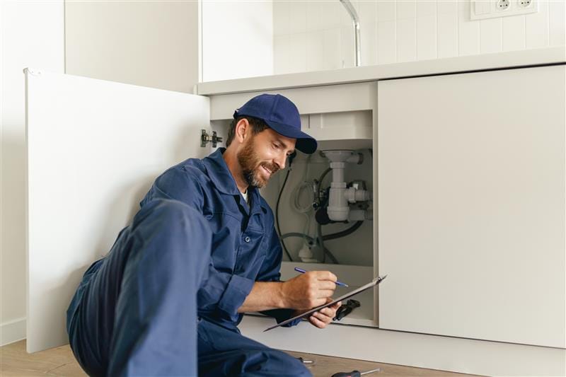 Residential plumber reviewing plumbing repairs in a Greenacres kitchen