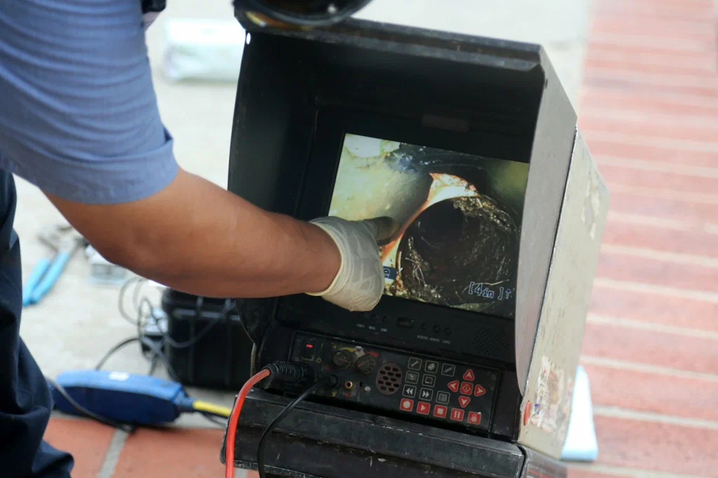 Technician viewing a drain inspection camera in Greenacres