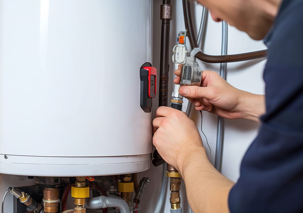 Technician repairing pipes connected to a water heater in Greenacres